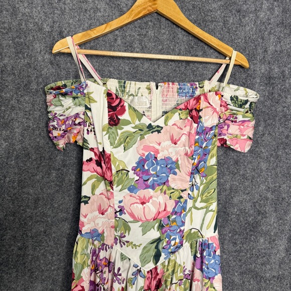 Moda Int'l Dress Women XS Floral Cold Shoulder Midi‎ Cottage Praire Garden Vtg - Picture 4 of 13